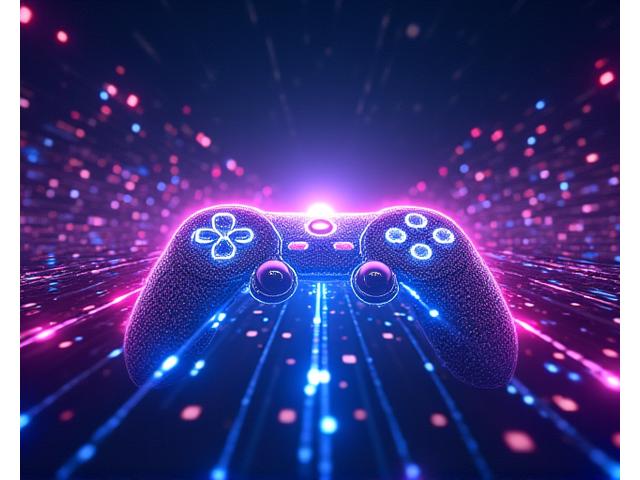 星の海ゲームズのミッションを象徴する、抽象的なネオンの宇宙空間とゲームコントローラー